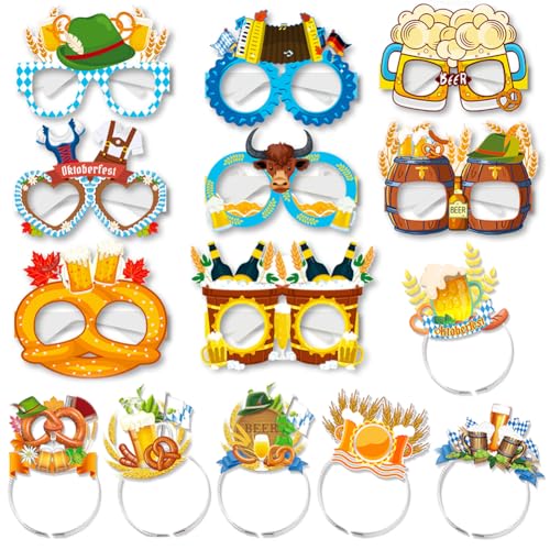 PyrrlicToy Oktoberfest Brillen Set, 14 Stück Oktoberfest Accessoires Partybrille, Party Haarbänder, Papier Masken Kostüm Accessoires für Erwachsene Kinder von PyrrlicToy