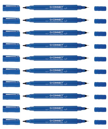 Q-Connect CD DVD BD Marker Doppelspitze/Marker Stift Stärke: mit einer ultrafeinen 0,4 mm Harzspitze und einer 1,0 mm Acrylfeder/Blau / 10 Stück - 10er Pack/Wasserfest/Ungiftig von Q-Connect