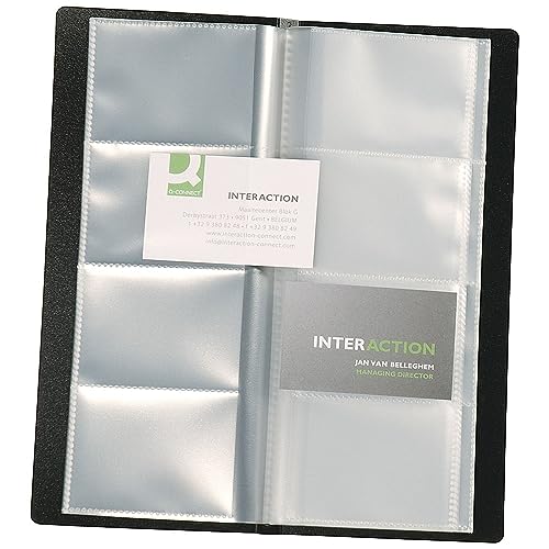 Visitenkartenbuch schwarz für 160 Karten Mappenformat ca. (BxH): 11,0 x 26,0 cm, für Visitenkarten 9,0 x 5,7 cm. Kunststoffmaterial mit glatter Oberfläche und fest eingeschweißten transparenten Hüllen von Q-Connect
