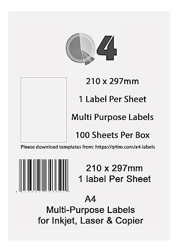 100 x A4 FBA-Etiketten 1 pro Blatt; Packung geeignet für selbstklebende FBA-Produkt-Barcode-Etiketten. Für Inkjet oder Laser. von Q4