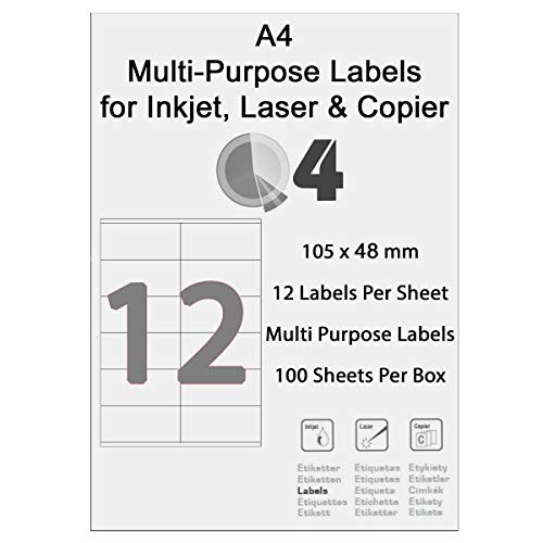 100 x A4 FBA-Etiketten 12 pro Blatt; Packung geeignet für selbstklebende FBA-Produkt-Barcode-Etiketten. Für Inkjet oder Laser. von Q4