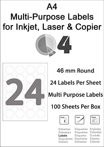 A4-Etiketten, 24 runde Etiketten pro Seite, geeignet für selbstklebende Produktetiketten. Für Tintenstrahldrucker oder Laser. (24 runde pro Blatt/100 Blatt) von Q4