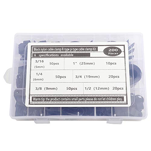 200 Stück Kunststoff Nylon Kabel klemme, Schraub befestigung R Typ Drähte Kabel Clip, R Typ P Typ Drahtclip Befestigungs elemente Sortierte Box (200 pieces - Black Nylon R-type clamp) von QANYEGN