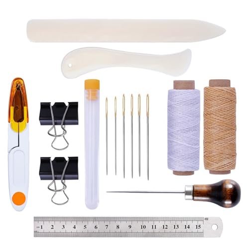 QAUUCP Buchbinder Set Buchbindeset, Starter-Werkzeugset, Falzbein, Papierfalter, gewachster Faden, Ahle, Nadeln mit großem Öhr for die DIY-Buchbindung(Type7) von QAUUCP