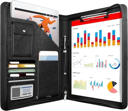 Schreibmappe Ringbuch A4 Multifunktionale Konferenzmappe Geschäftsbriefpapiermappe Leder Vertragsaktenmappen Organizer mit Reißverschluss Kartenhalter Aktenmappe(Black) von QAUUCP