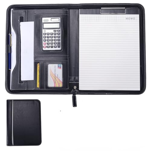 Schreibmappe Ringbuch Multifunktionale A4-Konferenzmappe, Geschäftsbriefpapiermappe, Vertragsaktenmappen aus Leder, Organizer mit Reißverschluss und Kartenhalter Aktenmappe(Black) von QAUUCP
