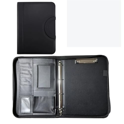Schreibmappe Ringbuch Multifunktionale A4-Konferenzmappe, Geschäftsbriefpapiermappe, Vertragsaktenmappen aus Leder, Organizer mit Reißverschluss und Kartenhalter Aktenmappe(Black) von QAUUCP