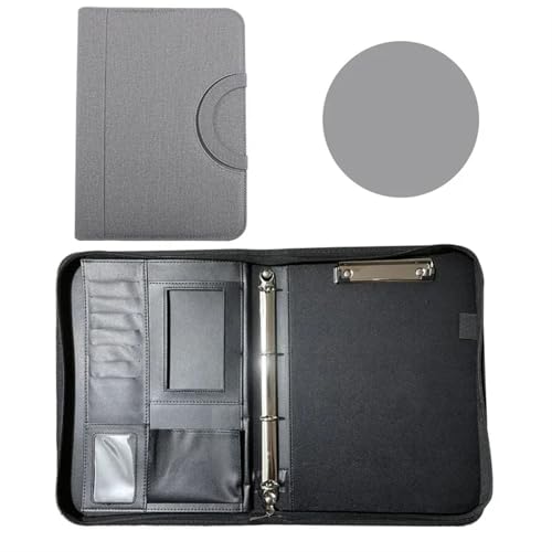 Schreibmappe Ringbuch Multifunktionaler Visitenkarten-Vertrags-Organizer, Lederordner, Konferenz-Schreibwarenordner mit Reißverschluss, Aktenhalter Aktenmappe(GRAY) von QAUUCP