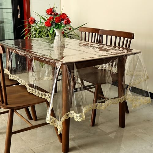Transparenter Tischdeckenschutz, transparente Schreibtischunterlage (152,4 x 274,3 cm), Tischdecke aus Kunststoff mit Spitze, leicht zu reinigen, langlebig für Küchen-/Esstisch, Familienfeiern, von QAZXDRFG