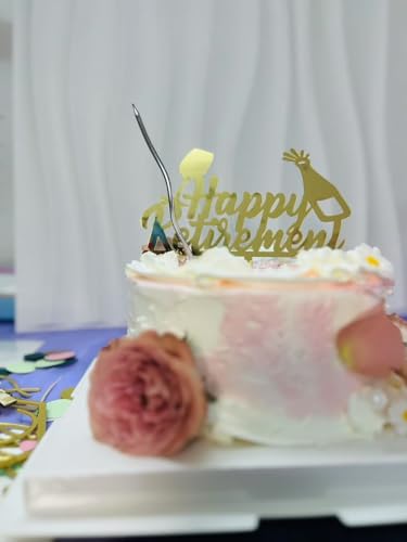 Happy Retirement Cake Topper, Gold Acryl Party Dekoration mit Weinglas Design, offiziell für Ruhestand, Goodbye Hello Pension Party Kuchen Dekorationen Supplies von QBFWETY