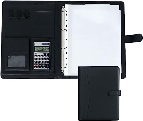 QBGJDOGE Business-Konferenz-Faltmappe aus Leder, 4-Ring-Ordner, Business-Ordner Konferenz und Präsentation for Dokumente, Präsentationsmappen, Visitenkarten(Black,12digit calculator) von QBGJDOGE