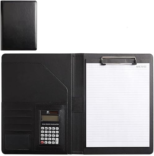 QBGJDOGE Leder-Faltmappe for Business-Konferenzen, Business-Lebenslaufmappe, Leder-Interview-Business-Organizer mit Rechtsblock-Mappe, Klemmbrett-Interviewmappe(Black,8digit calculator) von QBGJDOGE