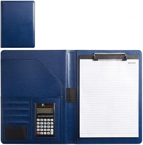 QBGJDOGE Leder-Faltmappe for Business-Konferenzen, Business-Lebenslaufmappe, Leder-Interview-Business-Organizer mit Rechtsblock-Mappe, Klemmbrett-Interviewmappe(Blue,12digit calculator) von QBGJDOGE