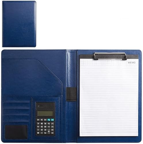QBGJDOGE Leder-Faltmappe for Business-Konferenzen, Business-Lebenslaufmappe, Leder-Interview-Business-Organizer mit Rechtsblock-Mappe, Klemmbrett-Interviewmappe(Blue,8digit calculator) von QBGJDOGE