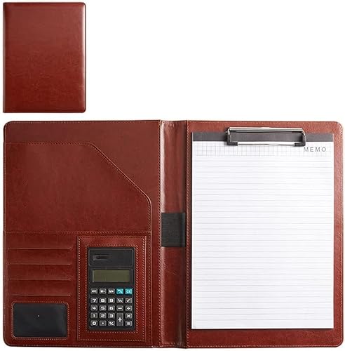 QBGJDOGE Leder-Faltmappe for Business-Konferenzen, Business-Lebenslaufmappe, Leder-Interview-Business-Organizer mit Rechtsblock-Mappe, Klemmbrett-Interviewmappe(Brown,8digit calculator) von QBGJDOGE
