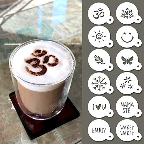 QBIX Cappuccino-Schablonen - wiederverwendbare Barista-Schablonen - Kaffee-Schablonen - 12 Stück - Yoga, Natur & gute Stimmung von QBIX