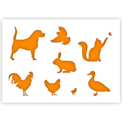 QBIX Schablone mit Bauernhoftieren – Hund, Katze, Vogel, Kaninchen, Ente, Huhn – A3 – wiederverwendbar, kinderfreundliche DIY Schablone zum Malen, Backen, Basteln, Wand, Möbel von QBIX