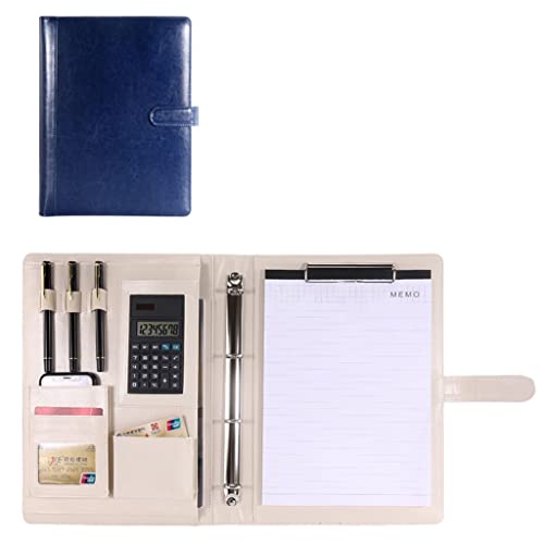 PU-Sitzungskarte, A4-Klemmbrett-Portfolioordner aus PU-Leder mit 4-Ring-Mehrfarben-Rechneroption(Blue,8-digit calculator) von QCKNKMGG
