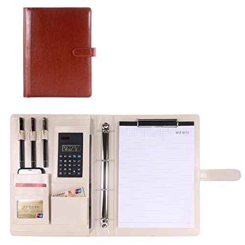 PU-Sitzungskarte, A4-Klemmbrett-Portfolioordner aus PU-Leder mit 4-Ring-Mehrfarben-Rechneroption(Brown,8-digit calculator) von QCKNKMGG