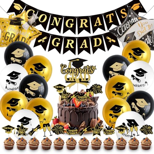 Abschluss Deko, Abschlussfeier Deko 36 Stück, Graduation Abitur Schulabschluss Deko Set, Schwarz Gold Glückwunsch Abschluss Banner Luftballons Cake Topper für Abi Graduierung Party Dekorationen Abschluss Deko, Abschlussfeier Deko 36 Stück, Graduation Abitur Schulabschluss Deko Set, Schwarz Gold Glückwunsch Abschluss Banner Luftballons Cake Topper für Abi Graduierung Party Dekorationen von QDDBPGB