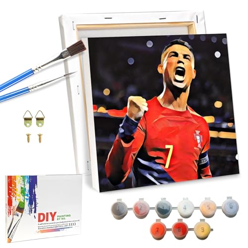 QDUODUO Fussball Malen Nach Zahlen mit Rahmen für Erwachsene Anfänger und Kinder ab 6 Jahre, CR7 Fußball Painting Bastelset mit Leinwand Pinseln Acrylpigment, 20x20cm Klein DIY Gemälde Basteln Kit von QDUODUO