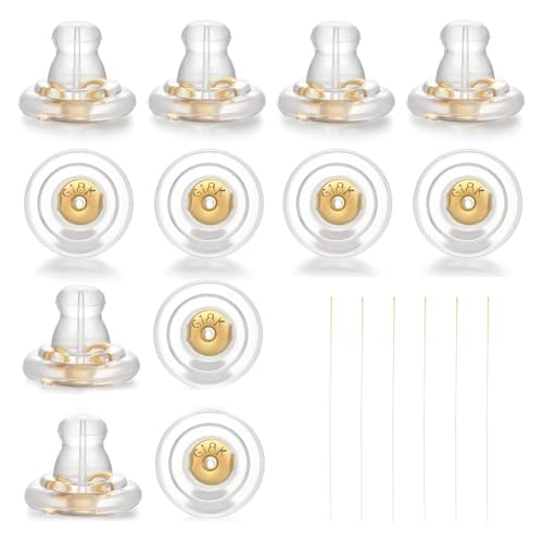 12 Stück Ohrstecker Verschluss Silikon, Ohrstecker Verschluss Rohlinge Ohrring Silikon, Universal Ohrring Stopper Silikon, 18K Gold, Hypoallergener Silikon-Ersatz für Ohrstecker/hängende Ohren von QEEROYO