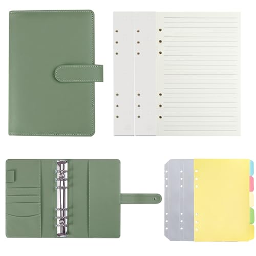 Ringbuch A5, 6 Ringe A5 Binder, PU Leder Binder Notizbuch, mit Nachfüllpapier und Trennblätter, Budget Planner Notizbuch für Büro, Schule, Reisearbeit, Olivgrün von QEEROYO