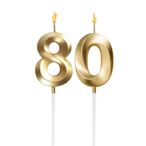 QEEYON 80. Geburtstag Zahl Kerzen, 3D Diamant Form Geburtstagskuchen Zahlenkerze für Geburtstag, 5cm Gold Geburtstagskerzen für Geburtstag Jahrestag Hochzeit Party Feier Lieferungen von QEEYON