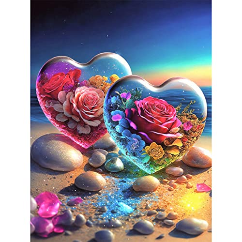 QENSPE 5D Diamond Painting Herz Rose Diamant Painting Bilder, Herz Diamond Painting Erwachsene Strand Full Diamant Bilder Malerei Stickerei Set Kreuzstich Bilder Home Wand Dekor 30x40 cm von QENSPE