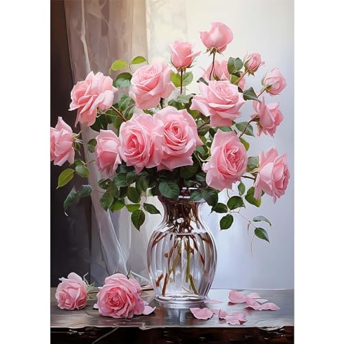 QENSPE 5D Diamond Painting Rosa Rose Diamant Painting Bilder DIY Full Diamond Art Set Erwachsene, Blumen Diamant Kunst Malerei Stickerei Set Kreuzstich Bilder Home Wand Dekor 30x40cm von QENSPE