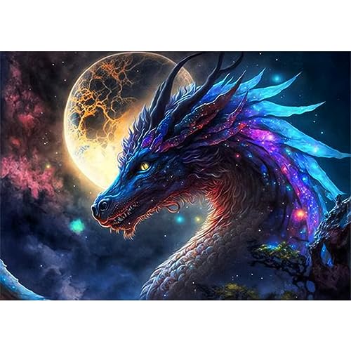 QENSPE 5D Diamond Painting Set Drache Diamant Painting Bilder Diamond Art Drache Mond Erwachsene, Full DIY Diamant Kunst Malerei Stickerei Set Kreuzstich Bilder Home Wand Dekor 30x40cm von QENSPE