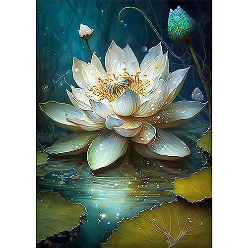 QENSPE 5D Diamond Painting Weißer Lotus Diamond Art Erwachsene, Full Diamant Painting Lotus Bilder, DIY Diamant Kunst Malerei Stickerei Kreuzstich Set Home Wand Dekor 30x40cm von QENSPE