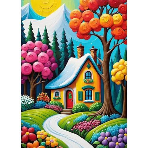 QENSPE Buntes Haus Diamond Painting Set für Erwachsene, 5D Diamond Painting Abstraktes Diamond Art mit Werkzeugen, Kristall Diamant Kunst DIY Handwerk für Haus Zimmer Wand Dekor 30x40 cm von QENSPE