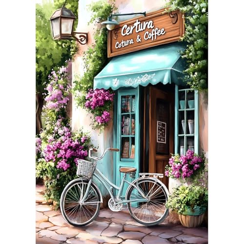 QENSPE Coffee-Shop Diamond Painting, Fahrrad Diamonds Art Set Erwachsene, 5D Diamant Malerei DIY Diamants Kunst Handwerk für Haus Zimmer Wand Dekor 30x40cm von QENSPE