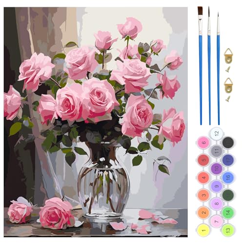 QENSPE DIY Malen nach Zahlen für Erwachsene, Farbe Ölgemälde Blumen Malen nach Zahlen Set für Anfänger – Farbe Leinen Leinwand mit Acrylfarbe und 3 Pinsel, Haus Wand Deko Geschenk 40x50cm - Rosa Rosen QENSPE DIY Malen nach Zahlen für Erwachsene, Farbe Ölgemälde Blumen Malen nach Zahlen Set für Anfänger – Farbe Leinen Leinwand mit Acrylfarbe und 3 Pinsel, Haus Wand Deko Geschenk 40x50cm - Rosa Rosen von QENSPE