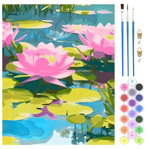 QENSPE DIY Malen nach Zahlen für Erwachsene, Farbe Ölgemälde Landschaft Malen nach Zahlen Set für Anfänger – Farbe Leinen Leinwand mit Acrylfarbe und 3 Pinsel, Haus Wand Deko Geschenk 40x50cm - Lotus von QENSPE