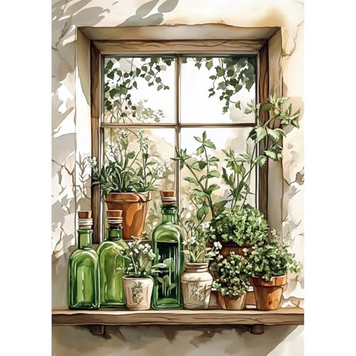 QENSPE Diamond Painting Fenster, Blumen Pflanzen Diamond Art Set Erwachsene, Kristall Diamant Malerei DIY Diamant Kunst Handwerk für Haus Zimmer Wand Dekor 30x40cm von QENSPE