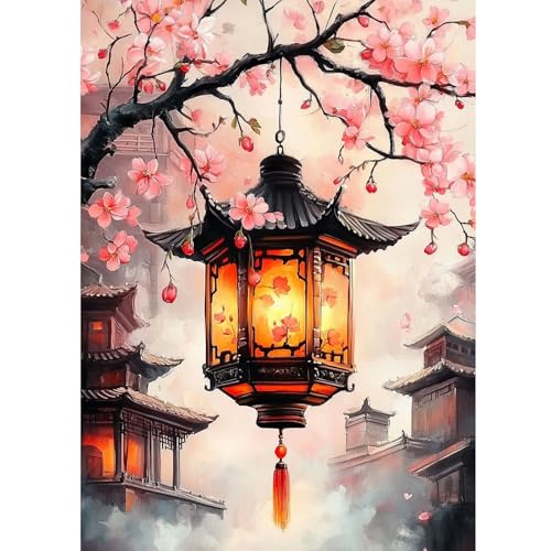 QENSPE Diamond Painting Laterne, Kirschblüten Diamond Art Set Erwachsene, Kristall Diamant Malerei DIY Diamant Kunst Handwerk für Haus Zimmer Wand Dekor 30x40cm von QENSPE