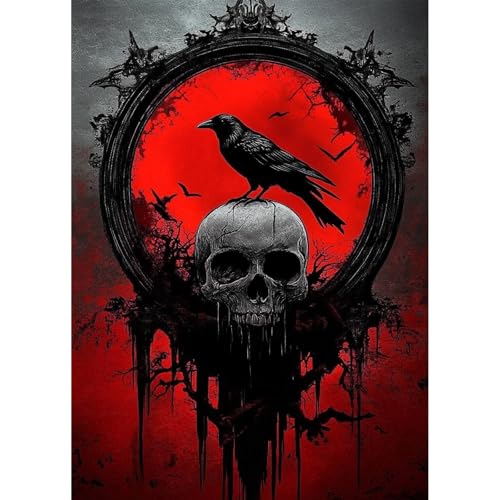 QENSPE Halloween Diamond Painting Kit Erwachsene, Diamond Art Krähe Schädel, 5D Diamant Malerei DIY Gems Kreuznähte Diamants Kunst Handwerk für Haus Zimmer Wand Dekor 30x40cm von QENSPE