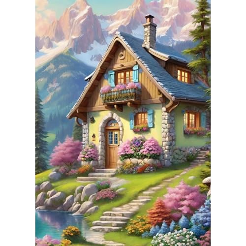 QENSPE Haus Diamond Painting Set für Erwachsene, 5D Diamond Painting Verschneiter Berg Diamond Art mit Werkzeugen, Kristall Diamant Kunst DIY Handwerk für Haus Zimmer Wand Dekor 30x40cm von QENSPE