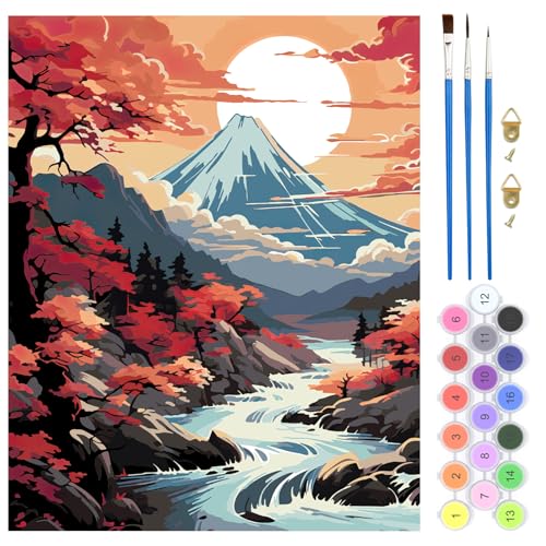 QENSPE Landschaft Malen nach Zahlen für Erwachsene, DIY Farbe Ölgemälde Malen nach Zahlen Set mit Farbe Leinen Leinwand mit Acrylfarbe und 3 Pinsel, Haus Wand Deko 40x50cm - Berg Fuji Fluss QENSPE Landschaft Malen nach Zahlen für Erwachsene, DIY Farbe Ölgemälde Malen nach Zahlen Set mit Farbe Leinen Leinwand mit Acrylfarbe und 3 Pinsel, Haus Wand Deko 40x50cm - Berg Fuji Fluss von QENSPE