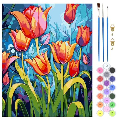 QENSPE Malen Nach Zahlen Erwachsene, DIY Handgemalt Ölgemälde Kit für Anfänger und Erwachsene Mit 3-Pinseln und Acrylfarbe, Ohne Rahmen Paint by Numbers Adult 40x50cm (Blumen Tulpe) von QENSPE