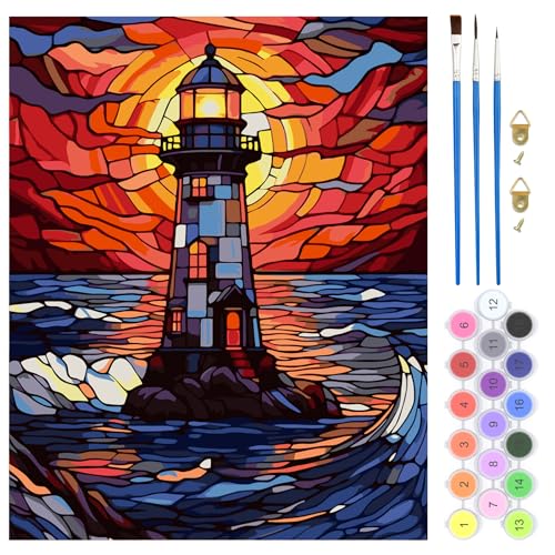 QENSPE Malen Nach Zahlen Erwachsene Leuchtturm Landschaft Mit Knitterfreie Leinwand, Pinsels Und Acrylfarbe - Diy Paint by Numbers Handgemalt öLgemäLde Kit Als Geschenk 40 x 50cm von QENSPE