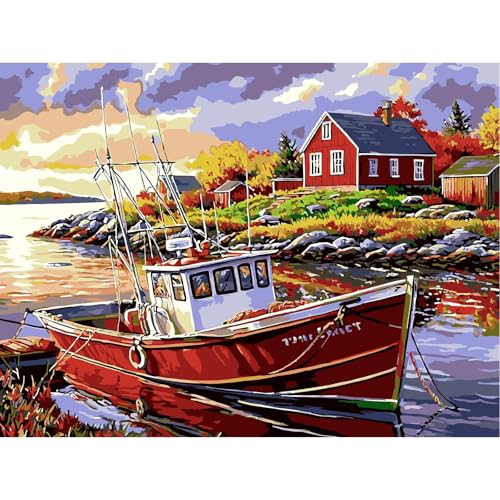 QENSPE Malen nach Zahlen Erwachsene, DIY Farbe Ölgemälde Set, Paint by Numbers Adult mit Farbe Leinen Leinwand mit Acrylfarbe und 3 Pinsel, Haus Wand Deko, 30x40cm - Flüsse, Boote von QENSPE