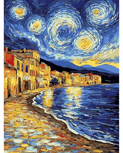 QENSPE Malen nach Zahlen Erwachsene, DIY Farbe Ölgemälde Set, Paint by Numbers Adult mit Farbe Leinen Leinwand mit Acrylfarbe und 3 Pinsel, Haus Wand Deko, 30x40cm - Sternenhimmel Kleinstadt QENSPE Malen nach Zahlen Erwachsene, DIY Farbe Ölgemälde Set, Paint by Numbers Adult mit Farbe Leinen Leinwand mit Acrylfarbe und 3 Pinsel, Haus Wand Deko, 30x40cm - Sternenhimmel Kleinstadt von QENSPE