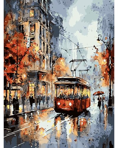 QENSPE Malen nach Zahlen Erwachsene, DIY Farbe Ölgemälde Set, Paint by Numbers Adult mit Farbe Leinen Leinwand mit Acrylfarbe und 3 Pinsel, Haus Wand Deko, 30x40cm - Straße Landschaft, Menschen von QENSPE