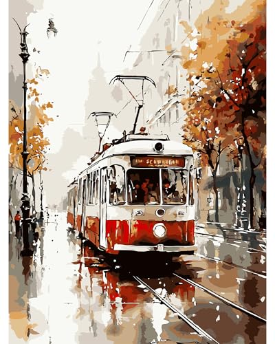 QENSPE Malen nach Zahlen Erwachsene, DIY Farbe Ölgemälde Set, Paint by Numbers Adult mit Farbe Leinen Leinwand mit Acrylfarbe und 3 Pinsel, Haus Wand Deko, 30x40cm - Straßenbahn, Straße von QENSPE