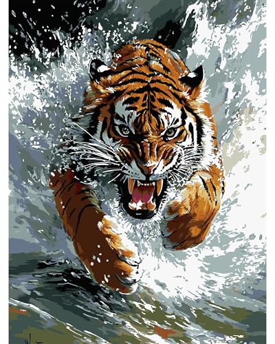 QENSPE Malen nach Zahlen Erwachsene, DIY Farbe Ölgemälde Set, Paint by Numbers Adult mit Farbe Leinen Leinwand mit Acrylfarbe und 3 Pinsel, Haus Wand Deko, 30x40cm - Tiger von QENSPE