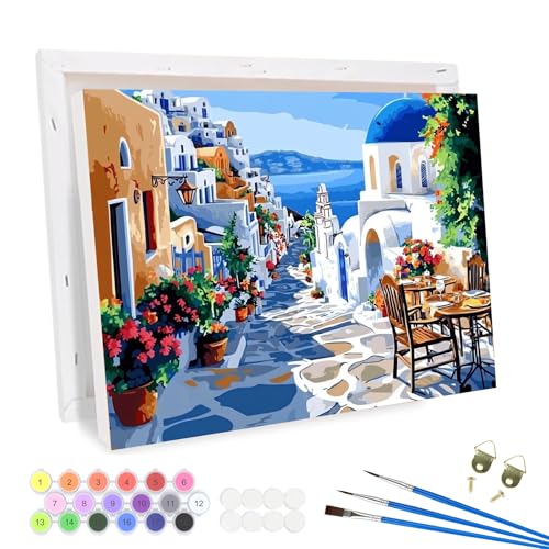 QENSPE Malen nach Zahlen Erwachsene mit Rahmen, Santorini Landschaft, DIY Gemälde auf Leinwand Paint by Numbers Kit Framed mit 3 Pinsel und Acryl-Pigment für Haus Wanddekoration Geschenk 30x40cm QENSPE Malen nach Zahlen Erwachsene mit Rahmen, Santorini Landschaft, DIY Gemälde auf Leinwand Paint by Numbers Kit Framed mit 3 Pinsel und Acryl-Pigment für Haus Wanddekoration Geschenk 30x40cm von QENSPE