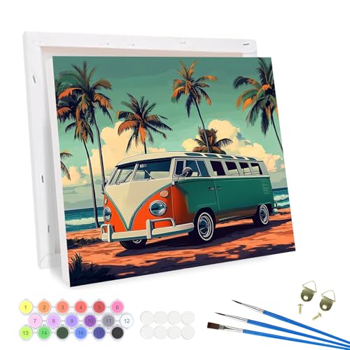QENSPE Malen nach Zahlen Erwachsene mit Rahmen, T2 Bus, DIY Gemälde auf Leinwand Paint by Numbers Kit Framed mit 3 Pinsel und Acryl-Pigment für Haus Wanddekoration Geschenk 20x20cm von QENSPE